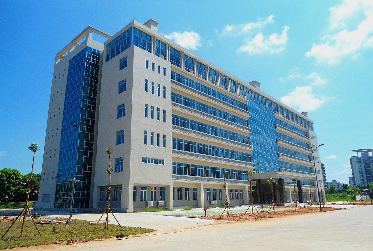china, academy of tropical agriculture, building, sky, clouds, nature, modern, architecture, street, blue street